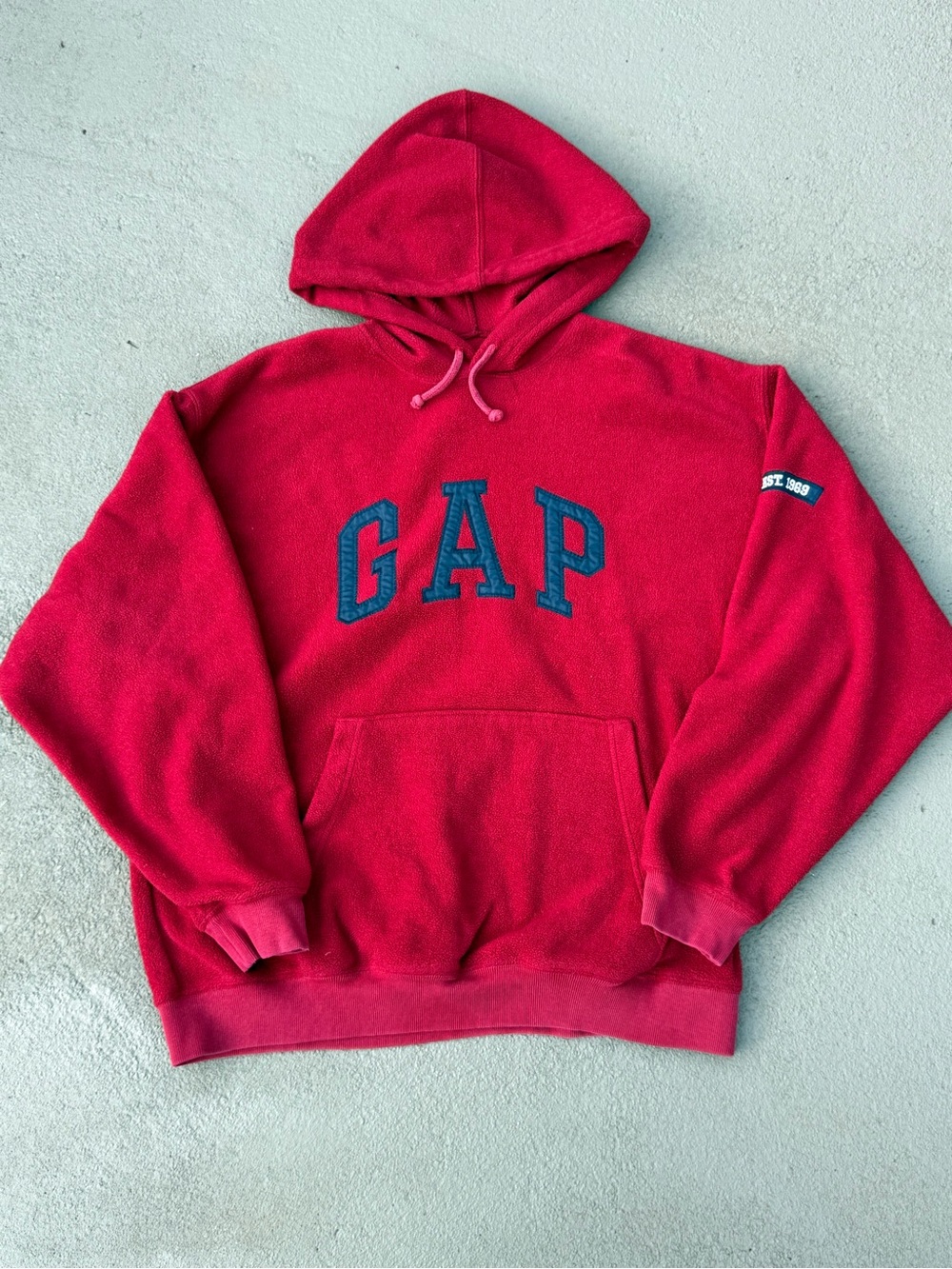 Vintage GAP 1969 Red Fleece Hoodie Pullover Spellout Logo Size Medium Y2K